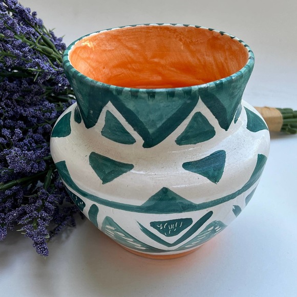 Teal and White Pottery Vase with Geometric Pattern - Picture 9 of 12